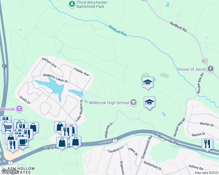 map of restaurants, bars, coffee shops, grocery stores, and more near 206 Lake Sever Drive in Winchester