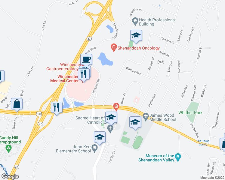 map of restaurants, bars, coffee shops, grocery stores, and more near 152 Linden Drive in Winchester
