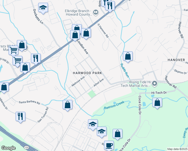 map of restaurants, bars, coffee shops, grocery stores, and more near 6414 Euclid Avenue in Elkridge