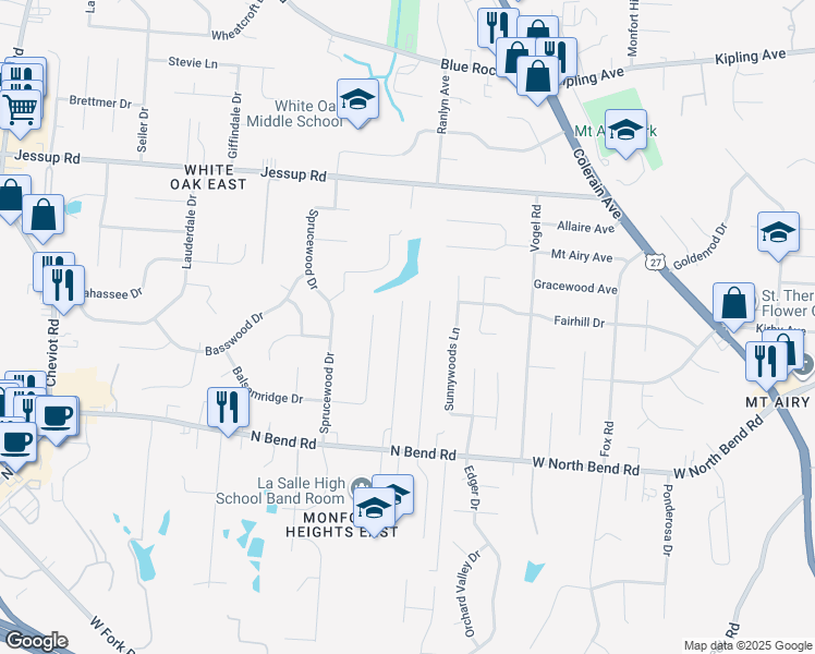 map of restaurants, bars, coffee shops, grocery stores, and more near 5636 Samver Road in Cincinnati