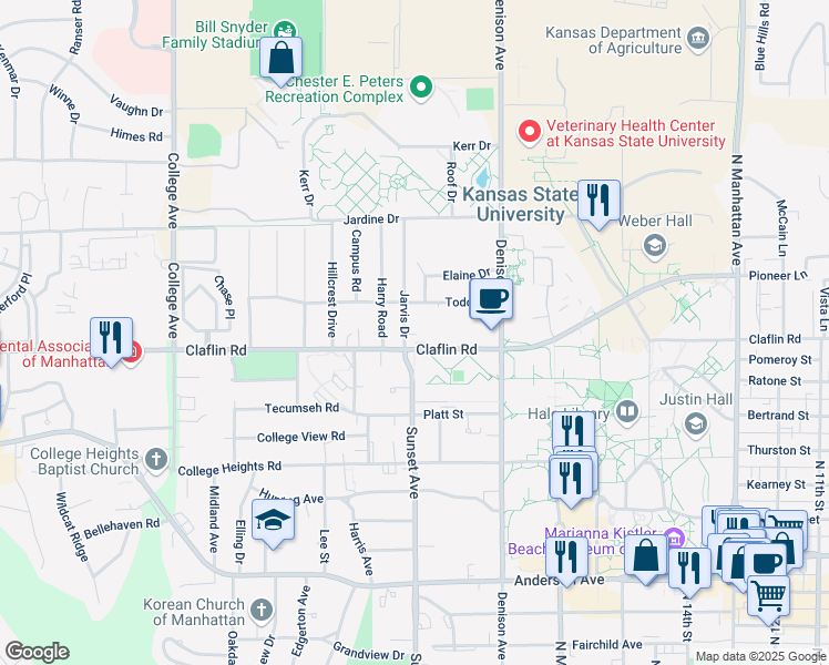 map of restaurants, bars, coffee shops, grocery stores, and more near 1858 Claflin Road in Manhattan