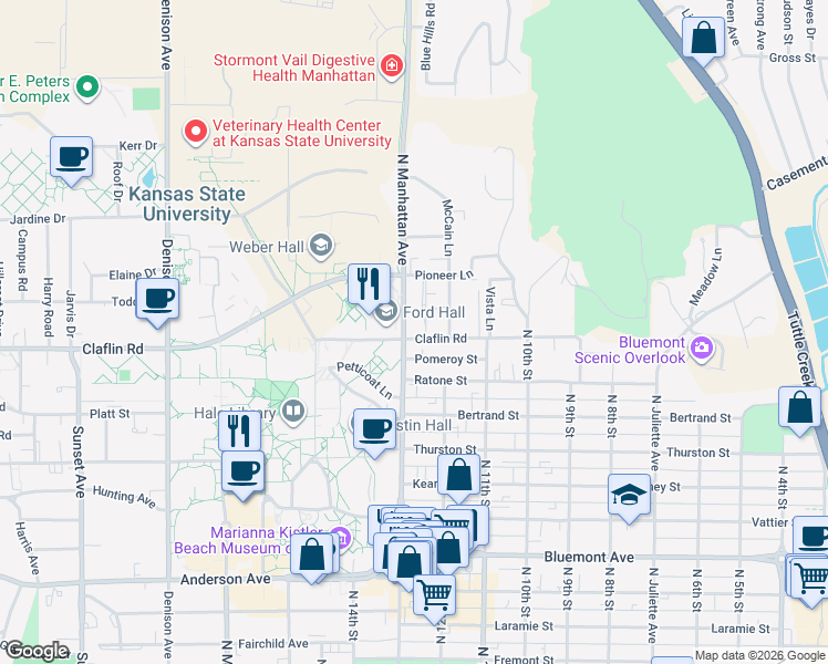 map of restaurants, bars, coffee shops, grocery stores, and more near 1230 Claflin Road in Manhattan