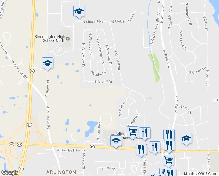 map of restaurants, bars, coffee shops, grocery stores, and more near 2915 North Kinser Pike in Bloomington