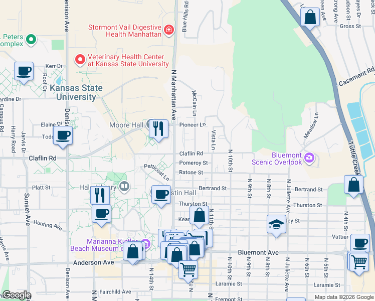 map of restaurants, bars, coffee shops, grocery stores, and more near 1402 Legore Lane in Manhattan
