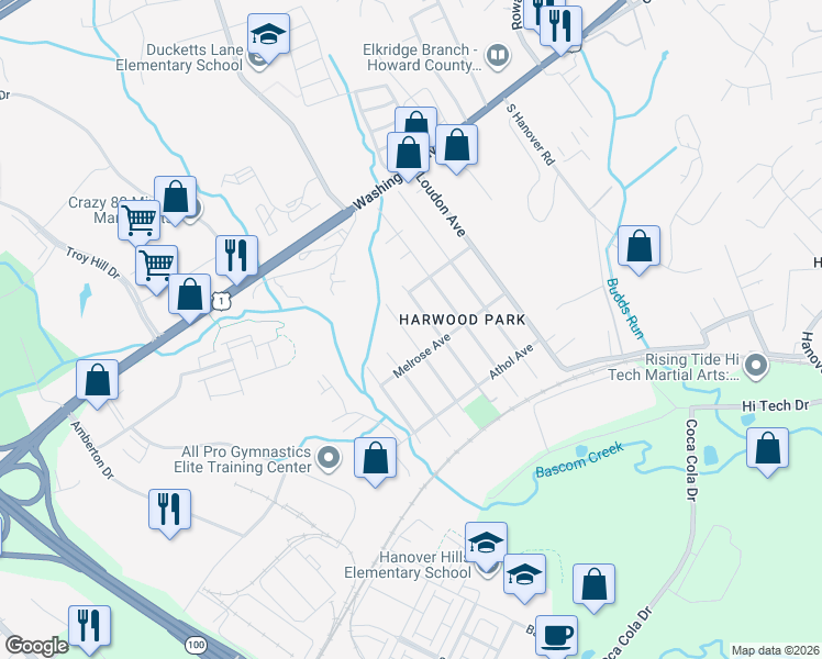 map of restaurants, bars, coffee shops, grocery stores, and more near 6389 Woodburn Avenue in Elkridge