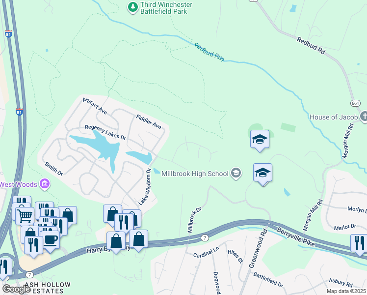 map of restaurants, bars, coffee shops, grocery stores, and more near 114 Lake Sever Drive in Winchester