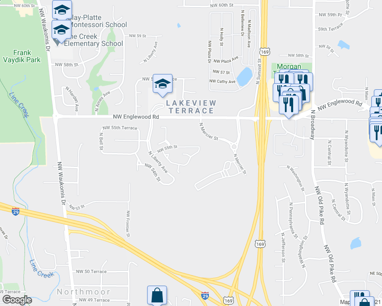 map of restaurants, bars, coffee shops, grocery stores, and more near 5474 North Mercier Street in Kansas City