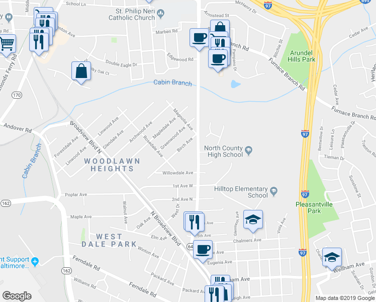 map of restaurants, bars, coffee shops, grocery stores, and more near 11 Birch Avenue in Glen Burnie