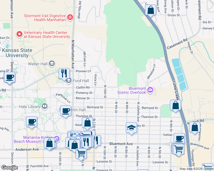 map of restaurants, bars, coffee shops, grocery stores, and more near 930 Claflin Road in Manhattan