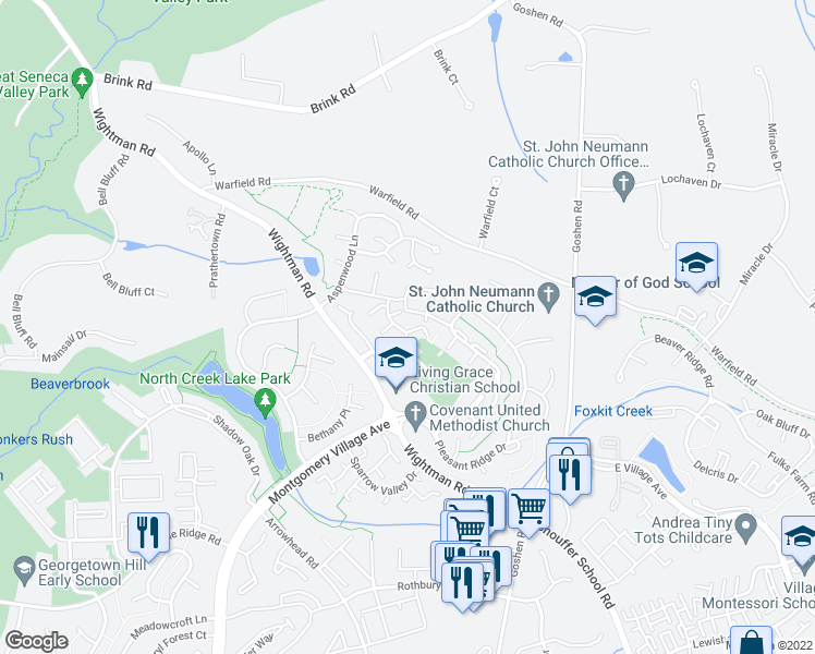 map of restaurants, bars, coffee shops, grocery stores, and more near 9315 Jarrett Court in Montgomery Village