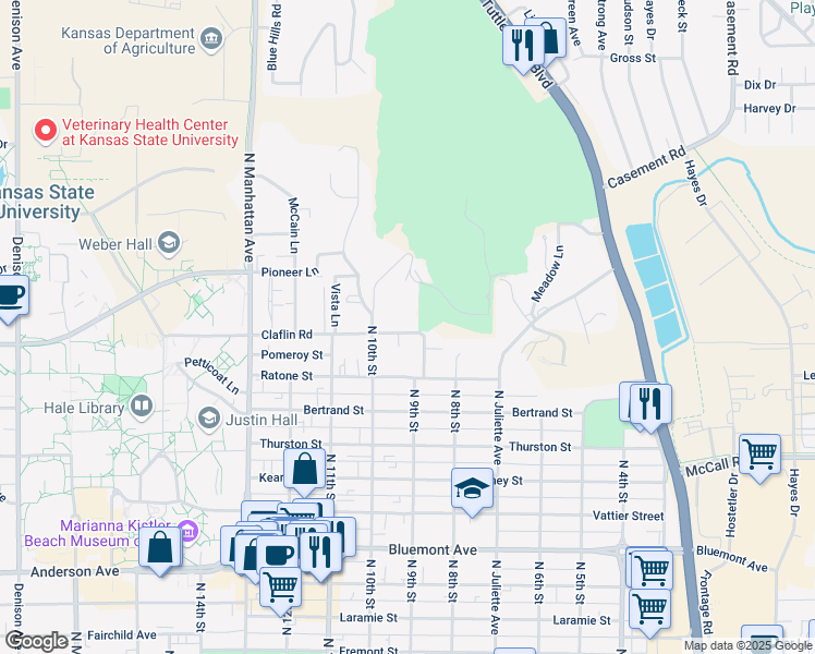 map of restaurants, bars, coffee shops, grocery stores, and more near 908 Claflin Road in Manhattan
