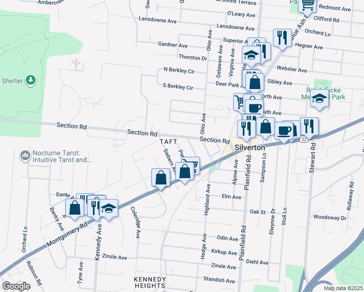 map of restaurants, bars, coffee shops, grocery stores, and more near 6852 Park Avenue in Cincinnati