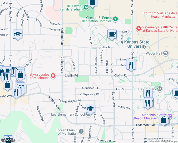 map of restaurants, bars, coffee shops, grocery stores, and more near 2216 Claflin Road in Manhattan