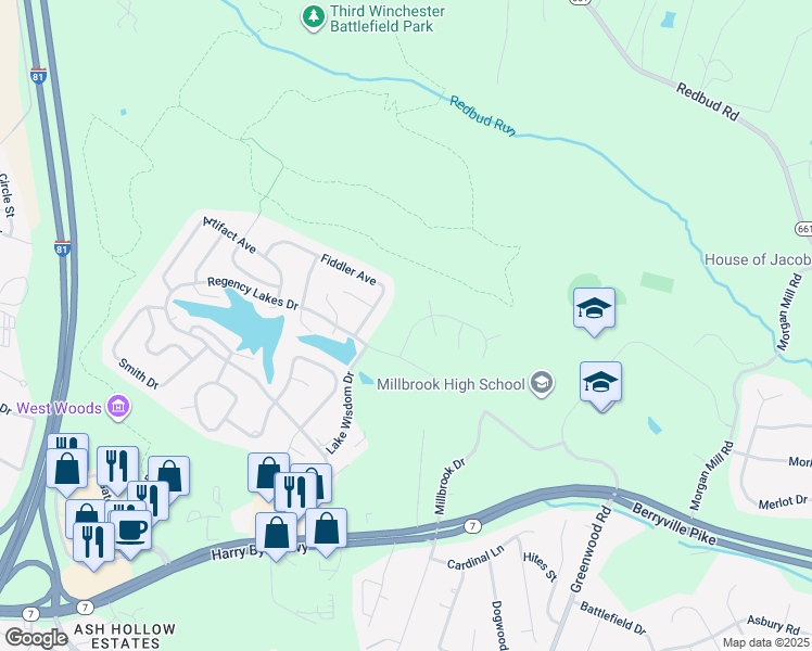 map of restaurants, bars, coffee shops, grocery stores, and more near 109 Lake Sever Drive in Winchester