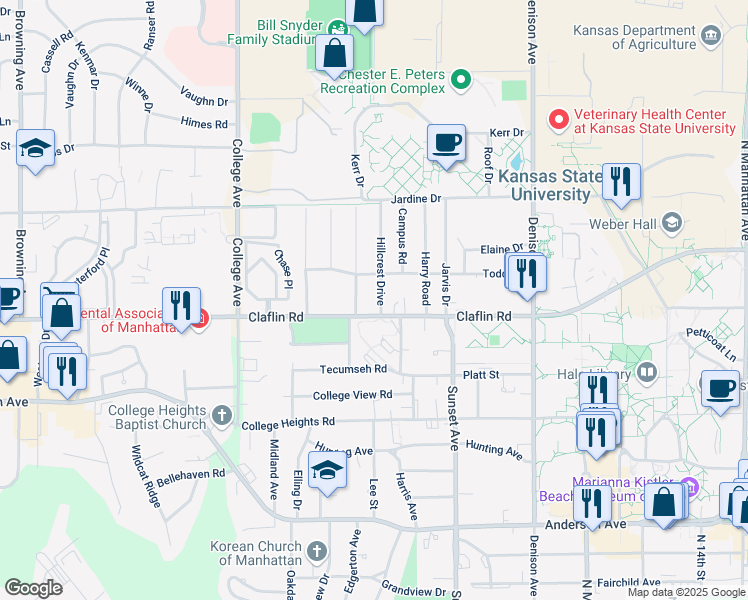 map of restaurants, bars, coffee shops, grocery stores, and more near 1411 Hillcrest Drive in Manhattan