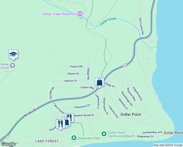 map of restaurants, bars, coffee shops, grocery stores, and more near 540 Village Road in Tahoe City
