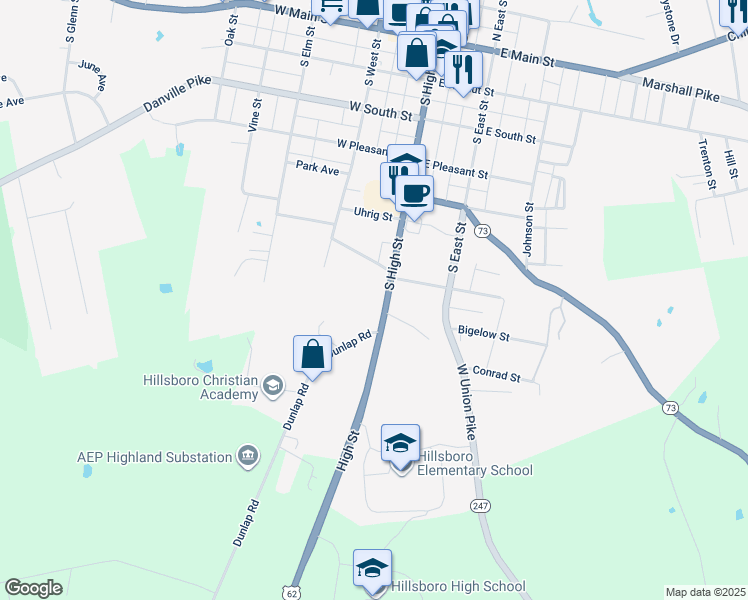 map of restaurants, bars, coffee shops, grocery stores, and more near 727 South High Street in Hillsboro