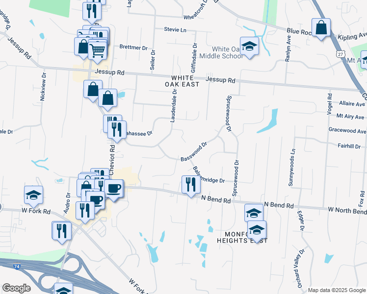 map of restaurants, bars, coffee shops, grocery stores, and more near 3301 Boca Lane in Cincinnati