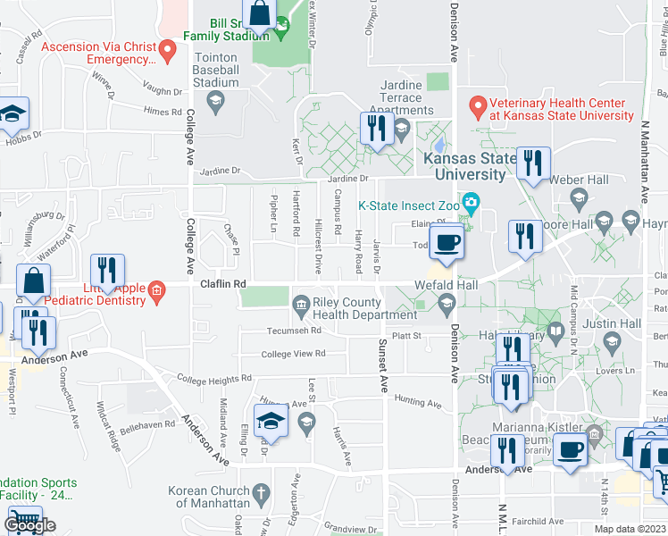 map of restaurants, bars, coffee shops, grocery stores, and more near 1411 Claflin Circle in Manhattan