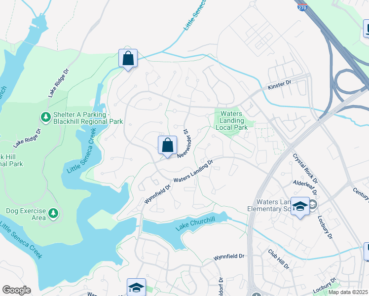 map of restaurants, bars, coffee shops, grocery stores, and more near 20550 Neerwinder Street in Germantown