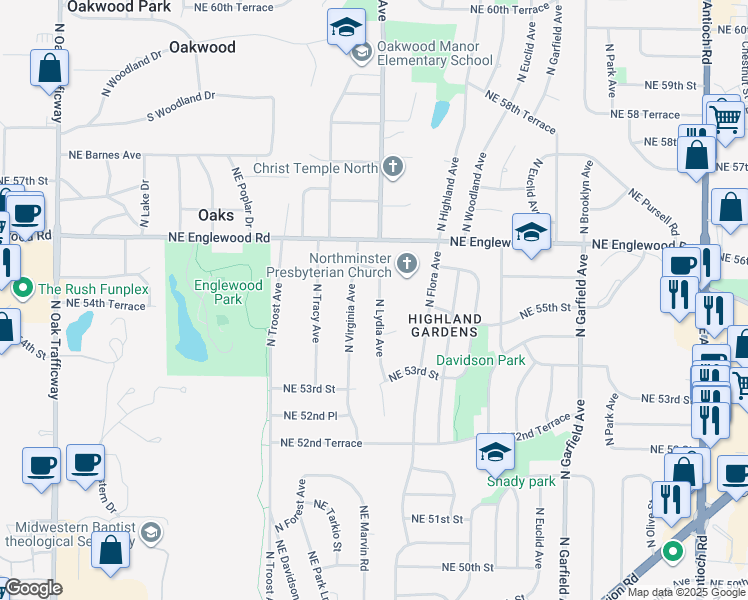map of restaurants, bars, coffee shops, grocery stores, and more near 5430 North Lydia Avenue in Kansas City