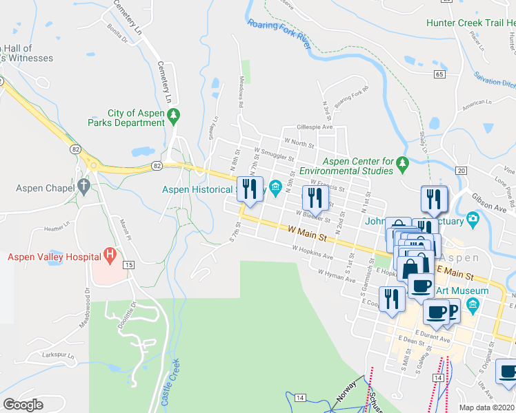 map of restaurants, bars, coffee shops, grocery stores, and more near 117 North 6th Street in Aspen
