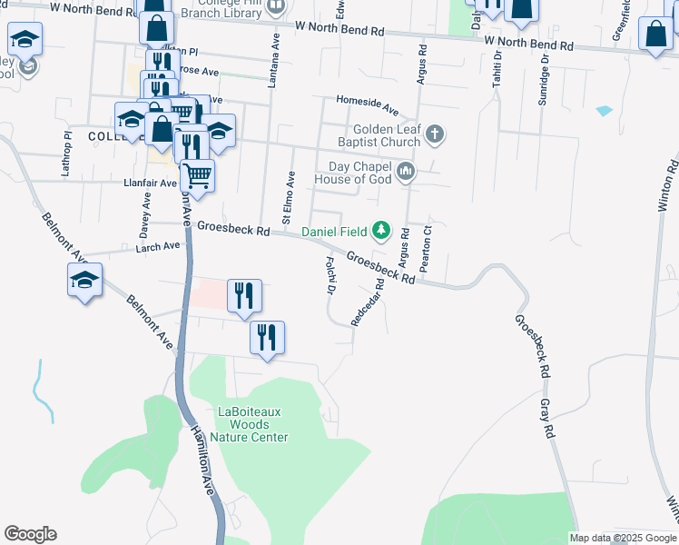 map of restaurants, bars, coffee shops, grocery stores, and more near 5674 Folchi Drive in Cincinnati