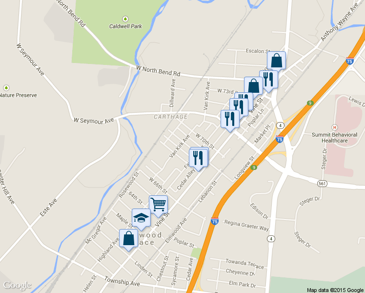 map of restaurants, bars, coffee shops, grocery stores, and more near 127 West 69th Street in Cincinnati