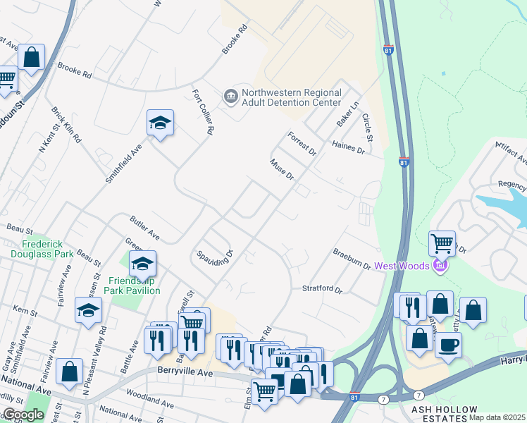 map of restaurants, bars, coffee shops, grocery stores, and more near 124 Early Drive in Winchester