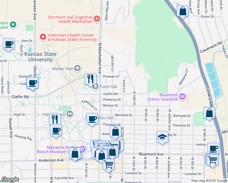 map of restaurants, bars, coffee shops, grocery stores, and more near 1433 McCain Lane in Manhattan