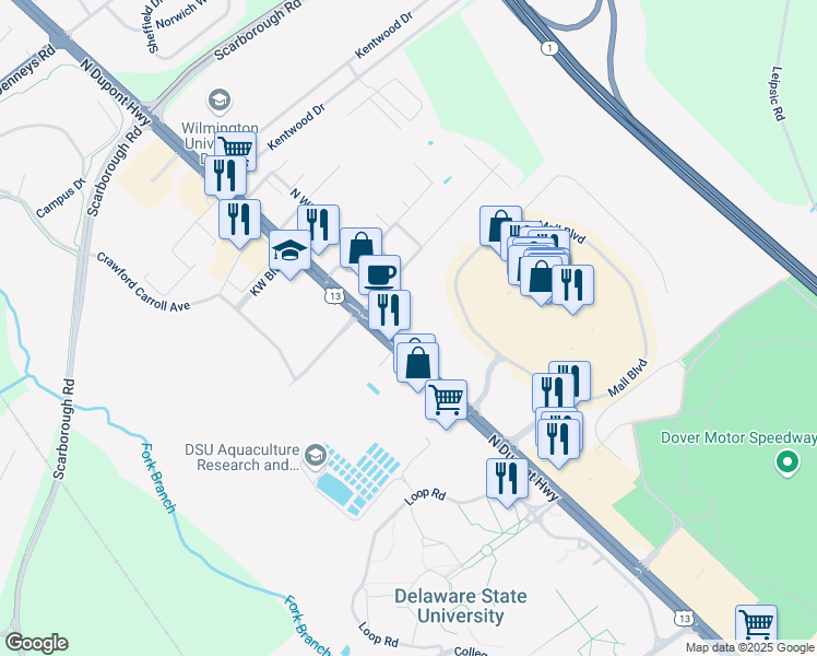 map of restaurants, bars, coffee shops, grocery stores, and more near 1441 North Dupont Highway in Dover