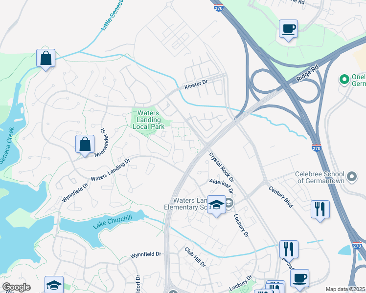 map of restaurants, bars, coffee shops, grocery stores, and more near 20561 Shadyside Way in Germantown
