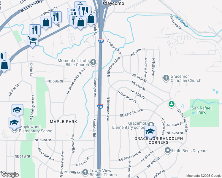 map of restaurants, bars, coffee shops, grocery stores, and more near 5399 North Richmond Avenue in Kansas City