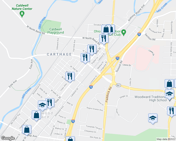 map of restaurants, bars, coffee shops, grocery stores, and more near 7020 Vine Street in Cincinnati