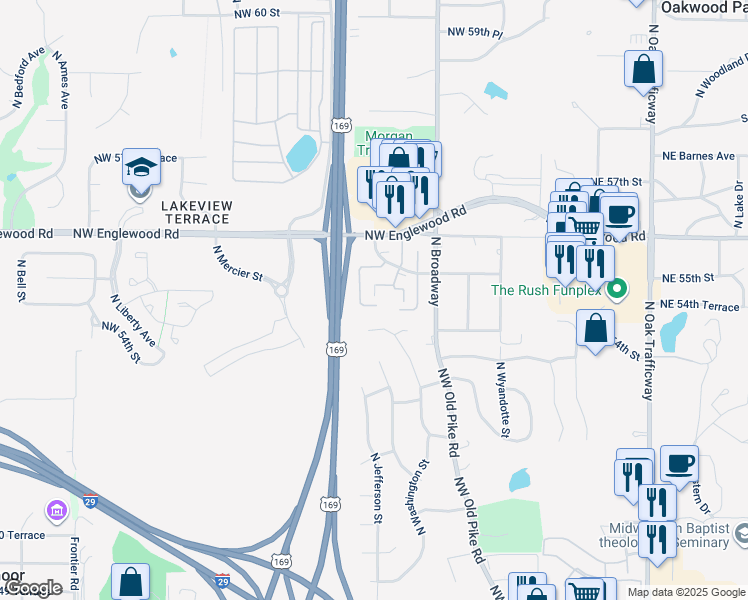 map of restaurants, bars, coffee shops, grocery stores, and more near 553 Northwest 55th Terrace in Kansas City