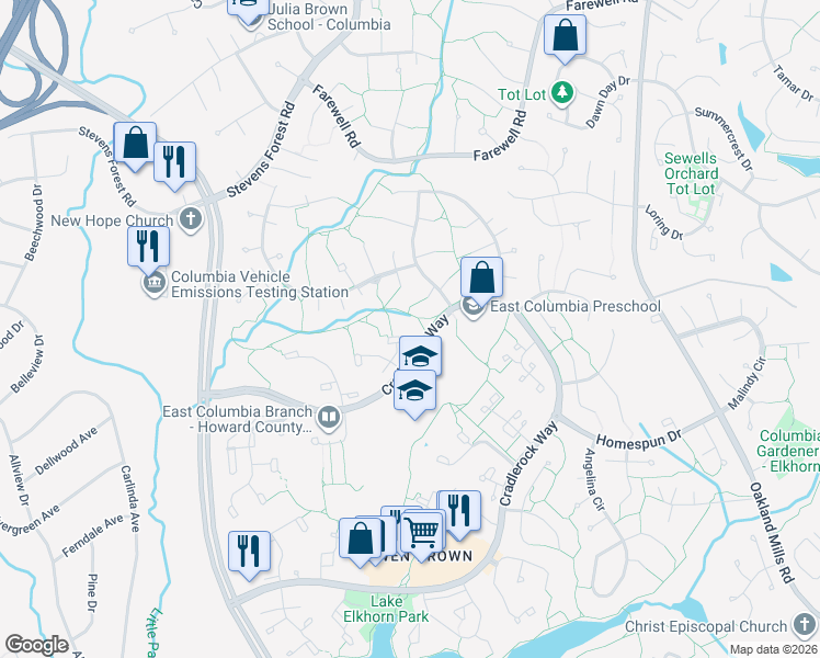 map of restaurants, bars, coffee shops, grocery stores, and more near 6580 Sweet Fern in Columbia