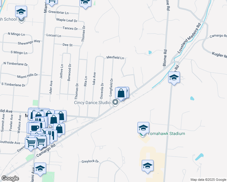 map of restaurants, bars, coffee shops, grocery stores, and more near 7224 Longfield Drive in Cincinnati