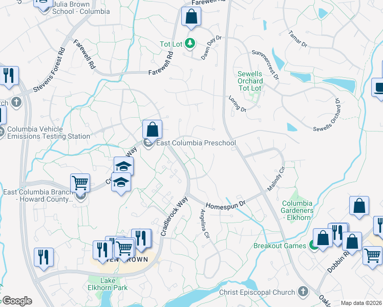map of restaurants, bars, coffee shops, grocery stores, and more near 6875 Happy Heart Lane in Columbia