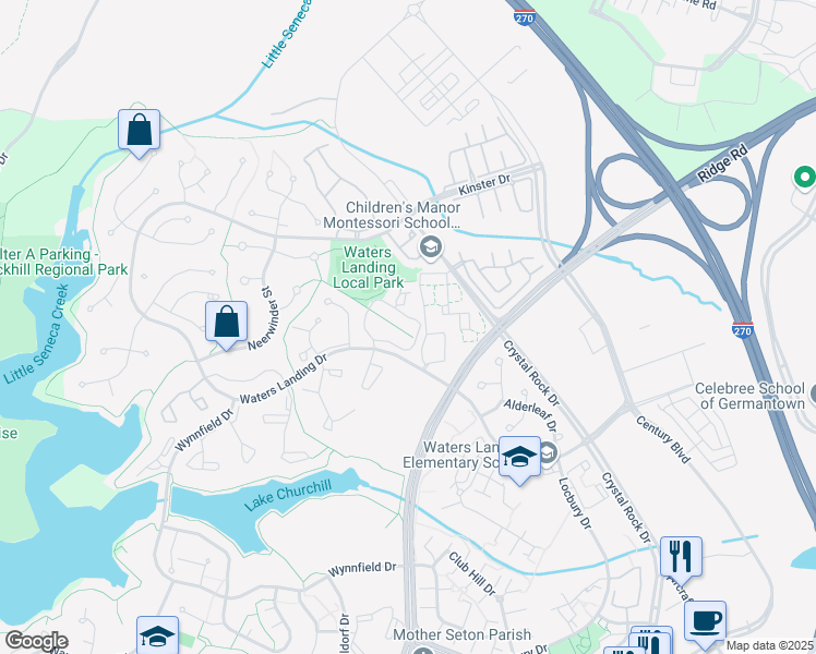 map of restaurants, bars, coffee shops, grocery stores, and more near 13347 Whitechurch Circle in Germantown