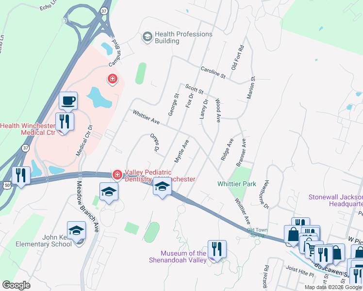 map of restaurants, bars, coffee shops, grocery stores, and more near 225 Myrtle Avenue in Winchester