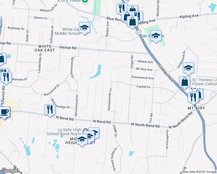 map of restaurants, bars, coffee shops, grocery stores, and more near 5593 Sunnywoods Lane in Cincinnati