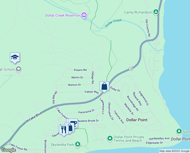 map of restaurants, bars, coffee shops, grocery stores, and more near 540 Village Road in Tahoe City