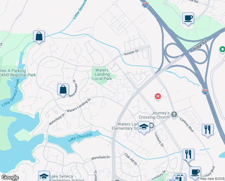 map of restaurants, bars, coffee shops, grocery stores, and more near 13349 Whitechurch Circle in Germantown