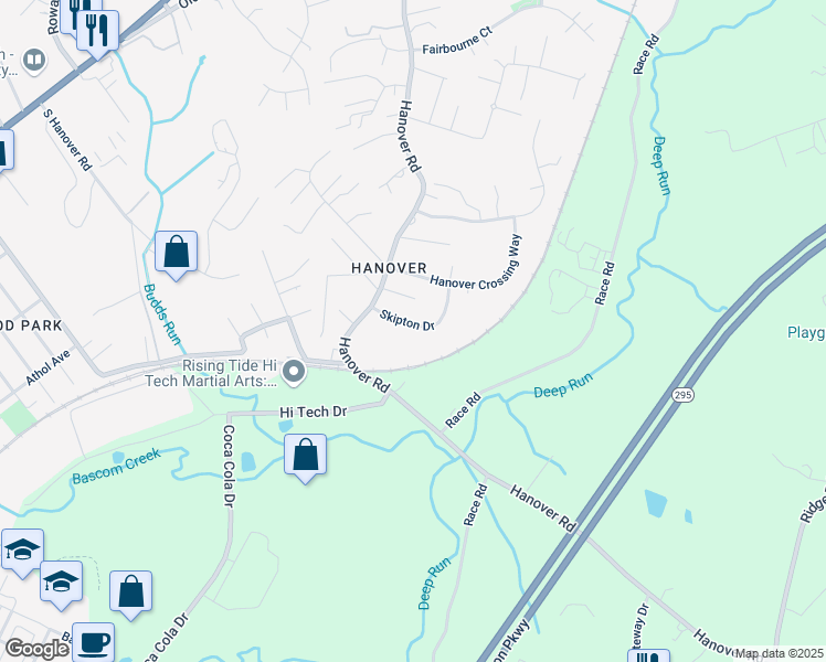 map of restaurants, bars, coffee shops, grocery stores, and more near 6424 Skipton Drive in Hanover