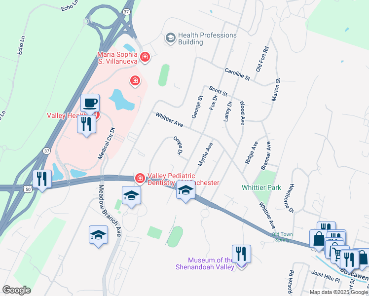 map of restaurants, bars, coffee shops, grocery stores, and more near 134 Omps Drive in Winchester