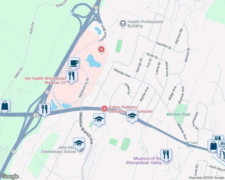 map of restaurants, bars, coffee shops, grocery stores, and more near 178 Omps Drive in Winchester