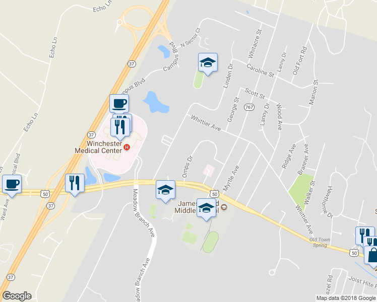 map of restaurants, bars, coffee shops, grocery stores, and more near 178 Omps Dr in Winchester