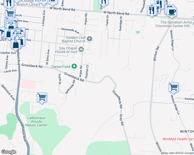 map of restaurants, bars, coffee shops, grocery stores, and more near 1040 Groesbeck Road in Cincinnati