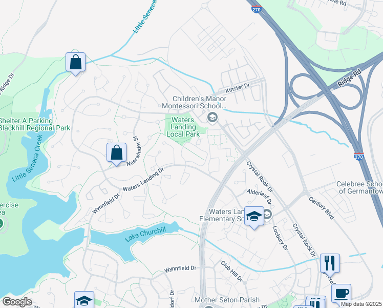 map of restaurants, bars, coffee shops, grocery stores, and more near 13453 Whitechurch Circle in Germantown