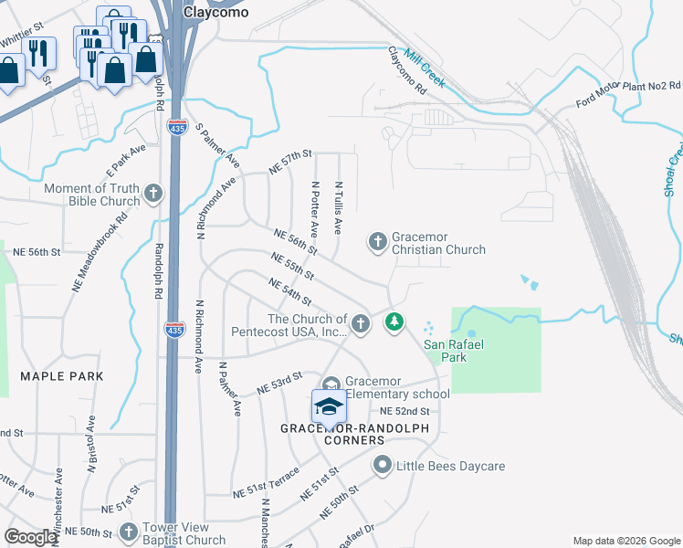 map of restaurants, bars, coffee shops, grocery stores, and more near 7929 Northeast 56th Street in Kansas City